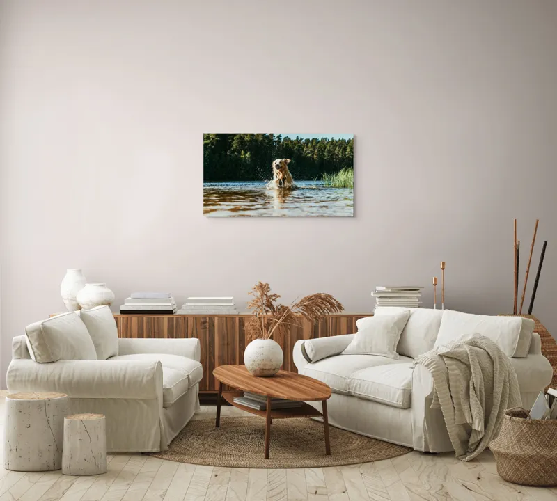 Tablou Canvas, "Aventura unui câine în apă", Câine, Apă, Stropi, Pădure, Soare, Entuziasm, Libertate, Natură, Râu, Cățel, 90 x 50 cm – poza 4