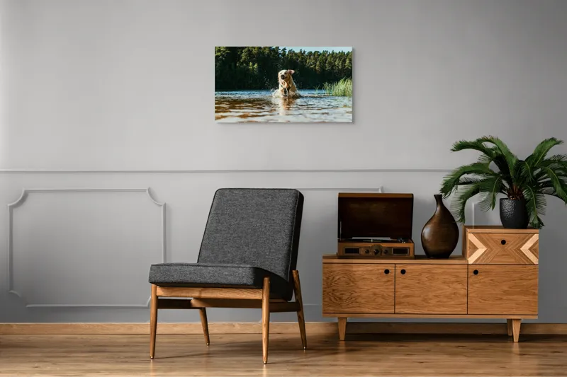 Tablou Canvas, "Aventura unui câine în apă", Câine, Apă, Stropi, Pădure, Soare, Entuziasm, Libertate, Natură, Râu, Cățel, 90 x 50 cm – poza 6