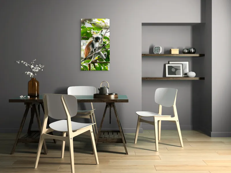Tablou Canvas, "Maimuța roșie printre frunze verzi", Maimuță, Frunziș, Copac, Blană, Creangă, Privire, Natură, 50 x 90 cm – poza 4