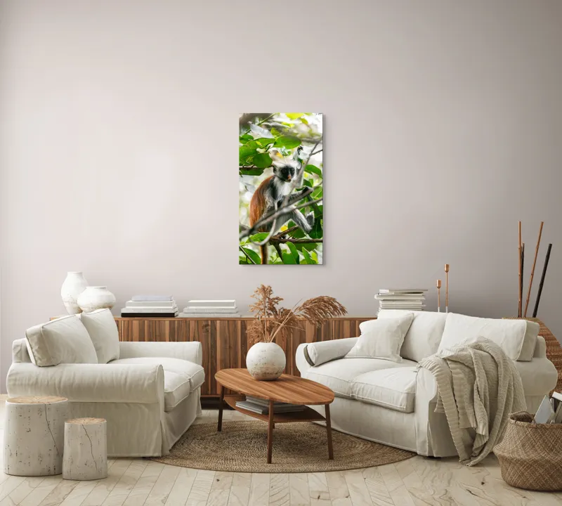 Tablou Canvas, "Maimuța roșie printre frunze verzi", Maimuță, Frunziș, Copac, Blană, Creangă, Privire, Natură, 50 x 90 cm – poza 7
