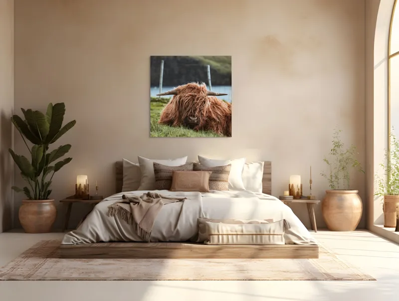 Tablou Canvas, "Vaca Highlander odihnindu-se pe câmpie", 100 x 100 cm – poza 4
