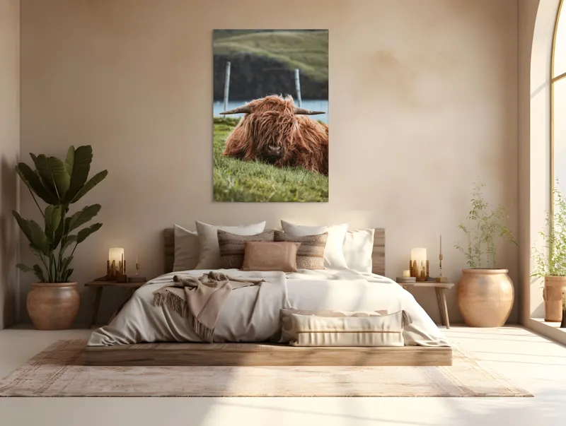 Tablou Canvas, "Vaca Highlander odihnindu-se pe câmpie", 100 x 150 cm – poza 3