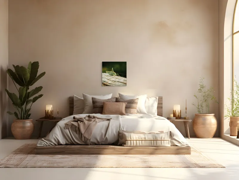 Tablou Canvas, "Greier pe o ramură uscată", Saltaret, Verde, Fragil, Textura, Natură, Antene, Lumină, Lemn, Microcosmos, 50 x 50 cm – poza 5