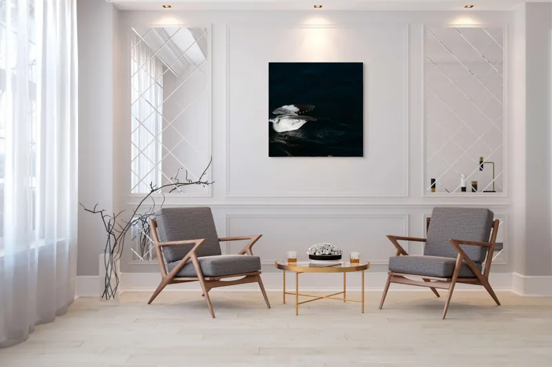 Tablou Canvas, "Dansul pescărușului pe apă albastră", Pasăre, Apă, Aripi, Umbre, Zbor, Întuneric, 100 x 100 cm – poza 7