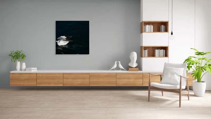 Tablou Canvas, "Dansul pescărușului pe apă albastră", Pasăre, Apă, Aripi, Umbre, Zbor, Întuneric, 100 x 100 cm – poza 8