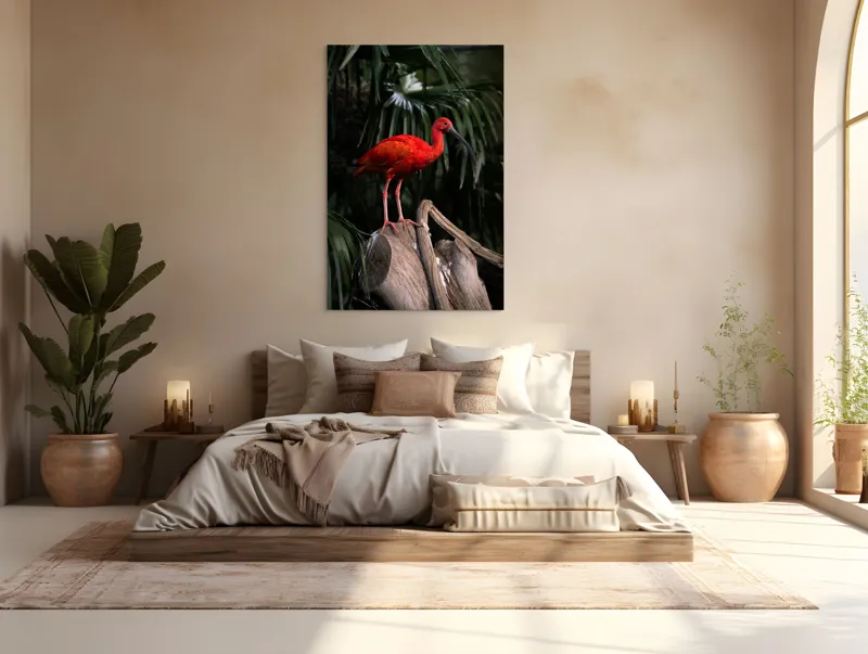 Tablou Canvas, "Pasărea scarlatină pe trunchi în pădure", Pasăre, Roșie, Penaj, Trunchi, Frunze, Curiozitate, Natură, Exotică, Frumusețe, Eleganță, 100 x 150 cm – poza 3