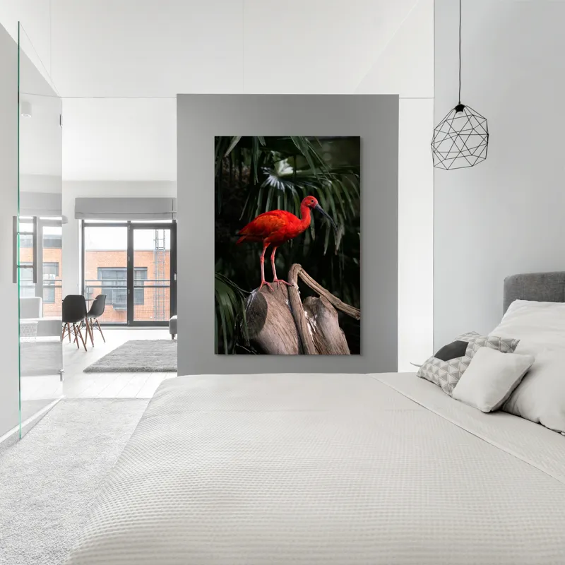 Tablou Canvas, "Pasărea scarlatină pe trunchi în pădure", Pasăre, Roșie, Penaj, Trunchi, Frunze, Curiozitate, Natură, Exotică, Frumusețe, Eleganță, 100 x 150 cm – poza 5