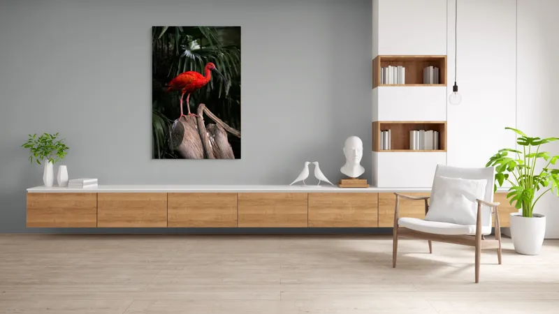 Tablou Canvas, "Pasărea scarlatină pe trunchi în pădure", Pasăre, Roșie, Penaj, Trunchi, Frunze, Curiozitate, Natură, Exotică, Frumusețe, Eleganță, 100 x 150 cm – poza 8