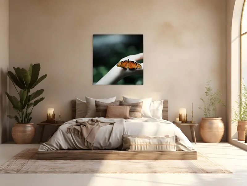 Tablou Canvas, "Aripile libertății pe palmă umană", Aripă, Delicatețe, Mână, Fluture, Natură, Verde, Zbor, 100 x 100 cm – poza 4