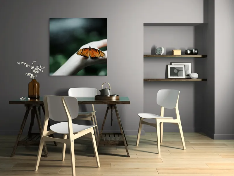 Tablou Canvas, "Aripile libertății pe palmă umană", Aripă, Delicatețe, Mână, Fluture, Natură, Verde, Zbor, 100 x 100 cm – poza 6