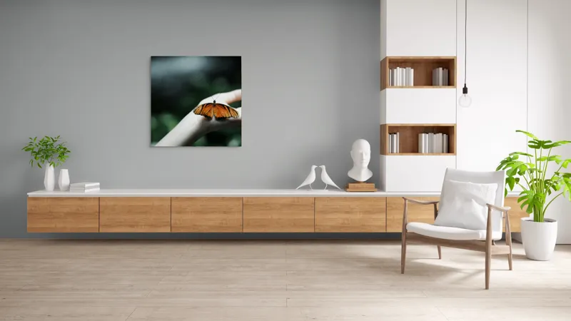 Tablou Canvas, "Aripile libertății pe palmă umană", Aripă, Delicatețe, Mână, Fluture, Natură, Verde, Zbor, 100 x 100 cm – poza 8