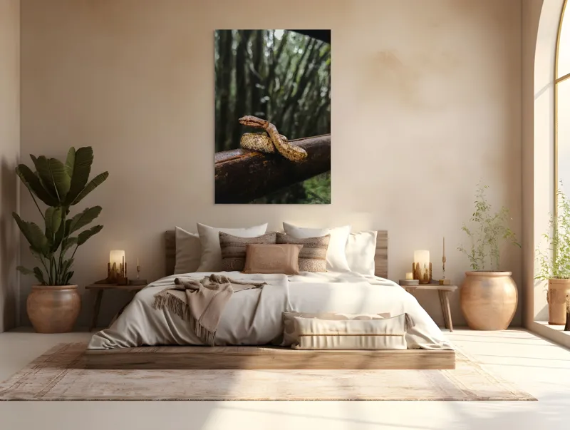 Tablou Canvas, "Șarpe odihnindu-se pe balustradă", Șarpe, Pădure, Lemn, Natură, Ramură, Scămoșat, Verde, Copaci, Reptilă, 100 x 150 cm – poza 3