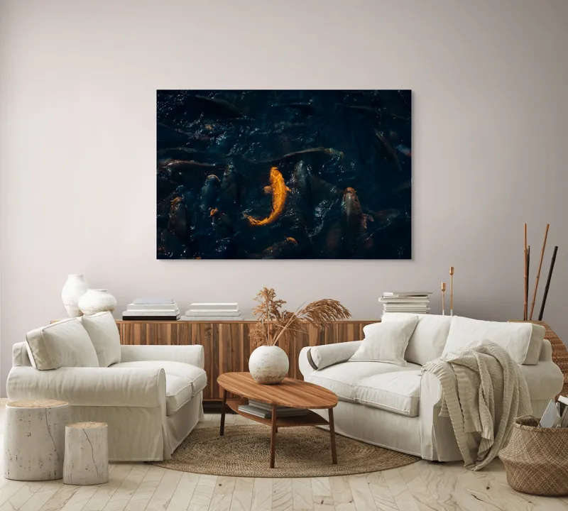 Tablou Canvas, "Pești colorați dansând sub apă", Pescuit, Înot, Lumini, Umbre, Contrast, Apă, Vibrație, Mișcare, Viață, Mister, Claritate, Culoare., 150 x 100 cm – poza 3