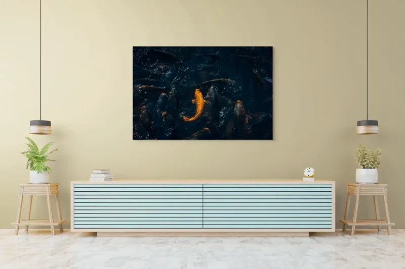 Tablou Canvas, "Pești colorați dansând sub apă", Pescuit, Înot, Lumini, Umbre, Contrast, Apă, Vibrație, Mișcare, Viață, Mister, Claritate, Culoare., 150 x 100 cm – poza 6