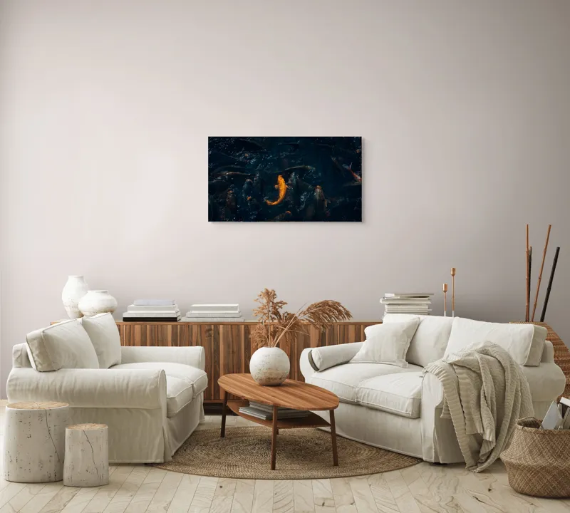 Tablou Canvas, "Pești colorați dansând sub apă", Pescuit, Înot, Lumini, Umbre, Contrast, Apă, Vibrație, Mișcare, Viață, Mister, Claritate, Culoare., 90 x 50 cm – poza 4