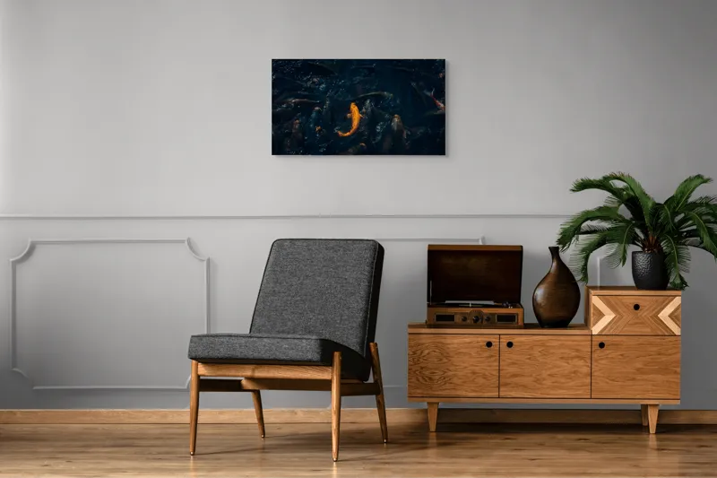 Tablou Canvas, "Pești colorați dansând sub apă", Pescuit, Înot, Lumini, Umbre, Contrast, Apă, Vibrație, Mișcare, Viață, Mister, Claritate, Culoare., 90 x 50 cm – poza 6