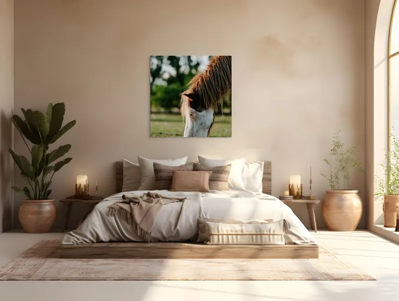 Tablou Canvas, "Cal în lumina dimineții de vară", Cal, Pășune, Iarbă, Blană, Natură, Verdeață, Relaxare, Grațiozitate, Animale, Liniște, 100 x 100 cm – poza 4