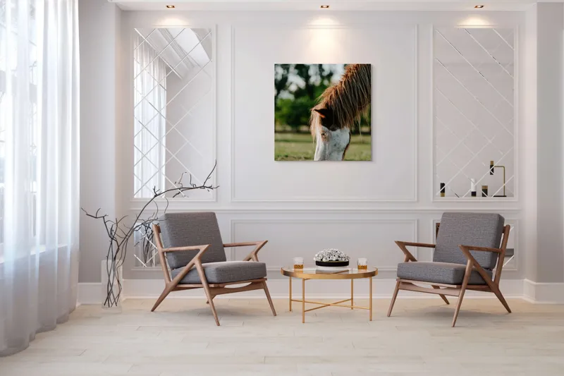 Tablou Canvas, "Cal în lumina dimineții de vară", Cal, Pășune, Iarbă, Blană, Natură, Verdeață, Relaxare, Grațiozitate, Animale, Liniște, 100 x 100 cm – poza 7