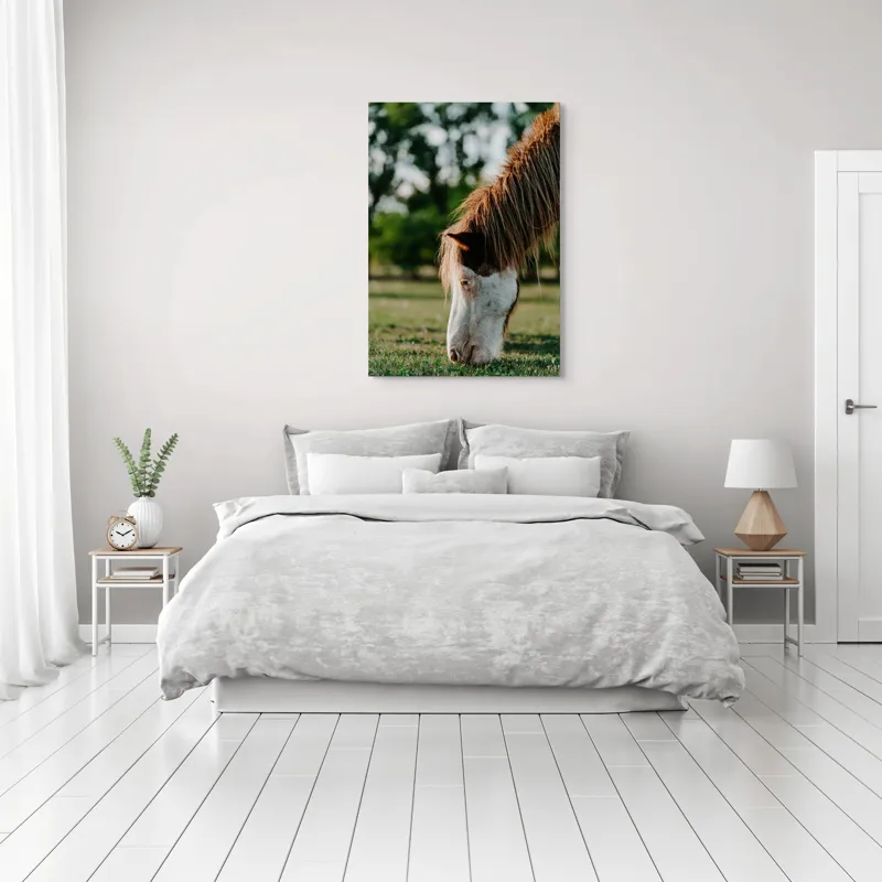 Tablou Canvas, "Cal în lumina dimineții de vară", Cal, Pășune, Iarbă, Blană, Natură, Verdeață, Relaxare, Grațiozitate, Animale, Liniște, 70 x 100 cm – poza 3