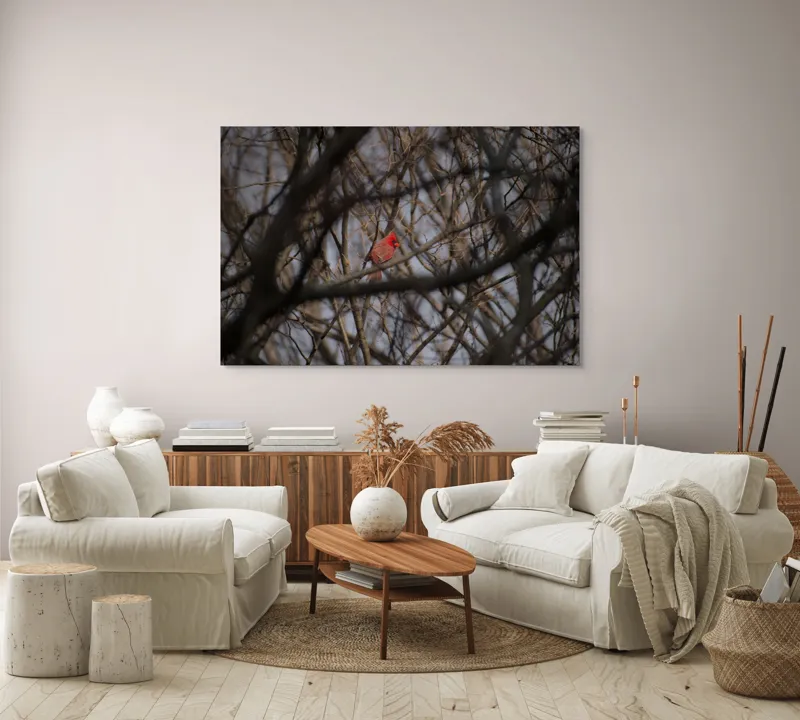 Tablou Canvas, "Cardinal singur printre crengile copacilor", Pasăre, Cardinal, Roșu, Crengi, Iarnă, Natură, Singurătate, Copac, Cer, Ramuri, 150 x 100 cm – poza 3