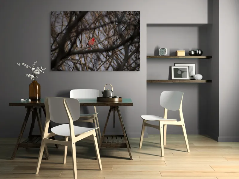 Tablou Canvas, "Cardinal singur printre crengile copacilor", Pasăre, Cardinal, Roșu, Crengi, Iarnă, Natură, Singurătate, Copac, Cer, Ramuri, 150 x 100 cm – poza 5