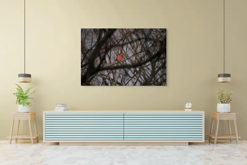 Tablou Canvas, "Cardinal singur printre crengile copacilor", Pasăre, Cardinal, Roșu, Crengi, Iarnă, Natură, Singurătate, Copac, Cer, Ramuri, 150 x 100 cm – poza 6