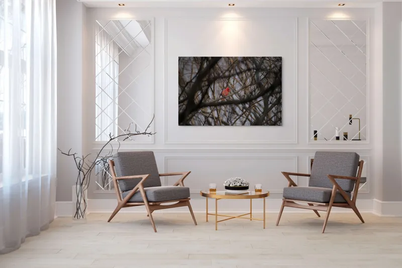 Tablou Canvas, "Cardinal singur printre crengile copacilor", Pasăre, Cardinal, Roșu, Crengi, Iarnă, Natură, Singurătate, Copac, Cer, Ramuri, 150 x 100 cm – poza 7