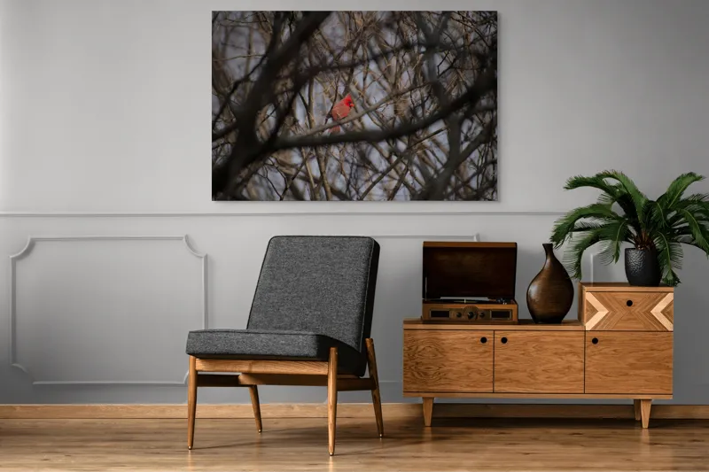Tablou Canvas, "Cardinal singur printre crengile copacilor", Pasăre, Cardinal, Roșu, Crengi, Iarnă, Natură, Singurătate, Copac, Cer, Ramuri, 150 x 100 cm – poza 8