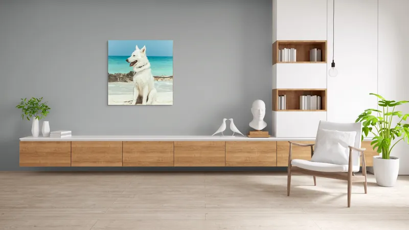 Tablou Canvas, "Câine alb pe plajă însorită", 100 x 100 cm – poza 8