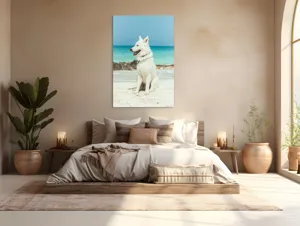 Tablou Canvas, "Câine alb pe plajă însorită", 100 x 150 cm – poza 3