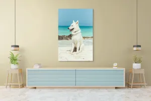 Tablou Canvas, "Câine alb pe plajă însorită", 100 x 150 cm – poza 4