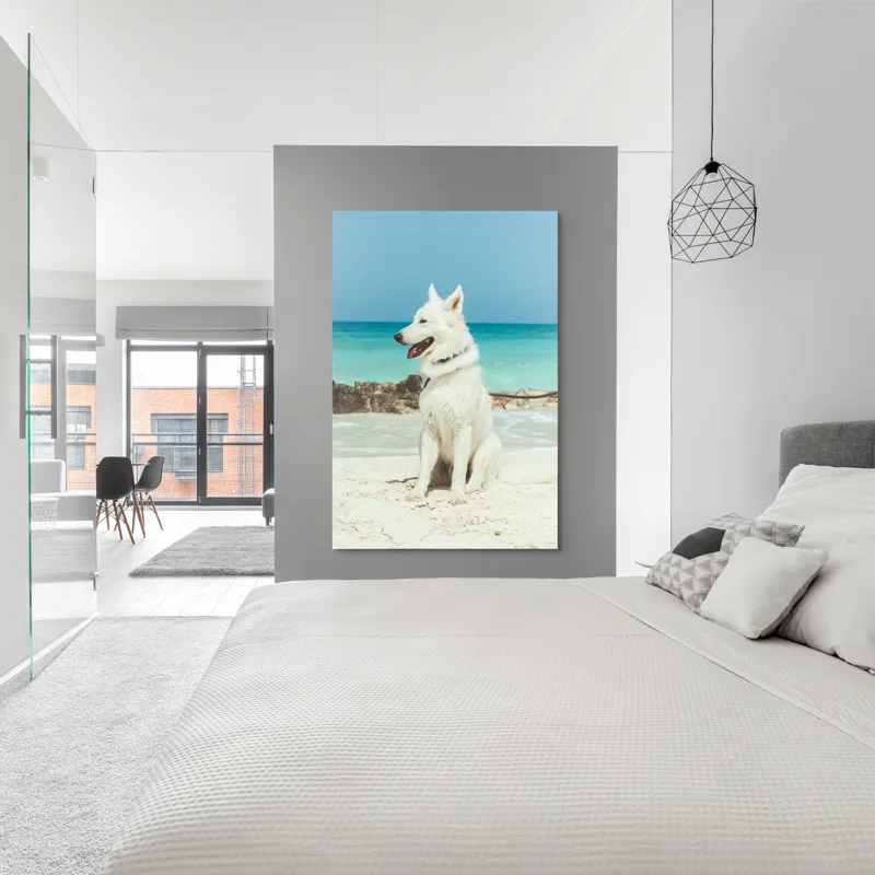 Tablou Canvas, "Câine alb pe plajă însorită", 100 x 150 cm – poza 5