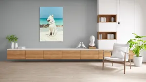 Tablou Canvas, "Câine alb pe plajă însorită", 100 x 150 cm – poza 8