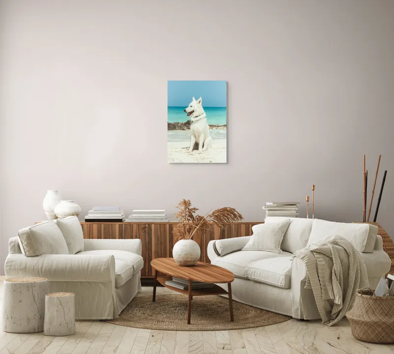 Tablou Canvas, "Câine alb pe plajă însorită", 50 x 70 cm – poza 4