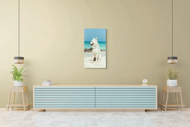 Tablou Canvas, "Câine alb pe plajă însorită", 50 x 90 cm – poza 6
