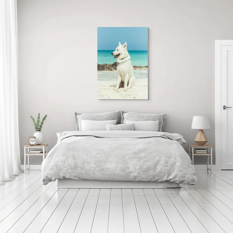 Tablou Canvas, "Câine alb pe plajă însorită", 70 x 100 cm – poza 3