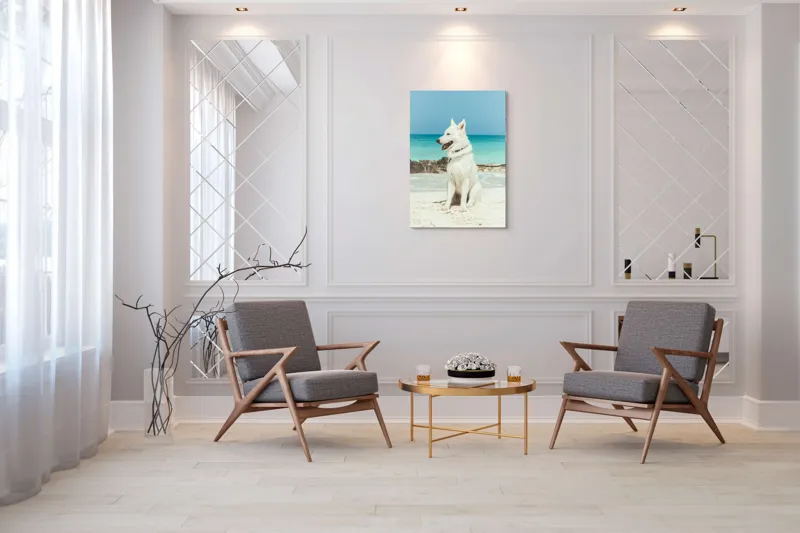 Tablou Canvas, "Câine alb pe plajă însorită", 70 x 100 cm – poza 8