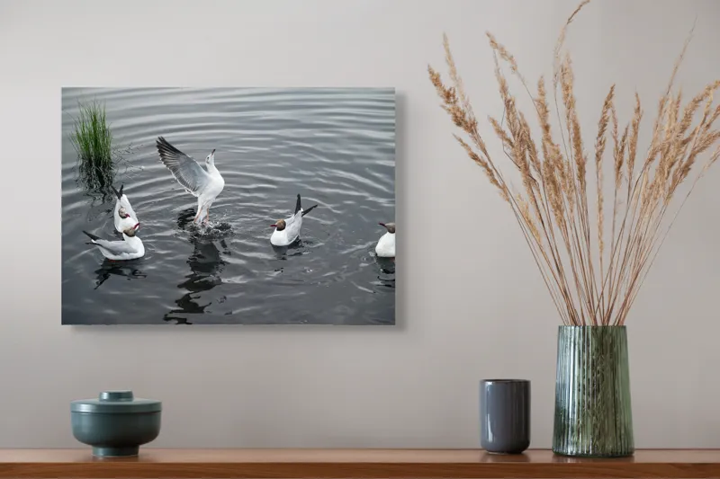 Tablou Canvas, "Dansul pescărușilor pe apă liniștită", Pescăruși, Apă, Aripi, Valuri, Verdeață, Reflecții, Zbor, 54 x 39 cm – poza 4