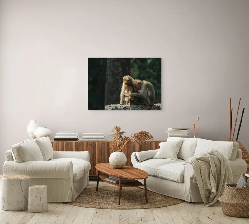 Tablou Canvas, "Familie de maimuțe în natură", Afectiune, Compasiune, Naturalete, Legatura, Ingrijire, Liniste, 100 x 70 cm – poza 3