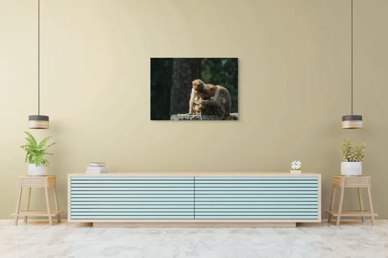 Tablou Canvas, "Familie de maimuțe în natură", Afectiune, Compasiune, Naturalete, Legatura, Ingrijire, Liniste, 100 x 70 cm – poza 4