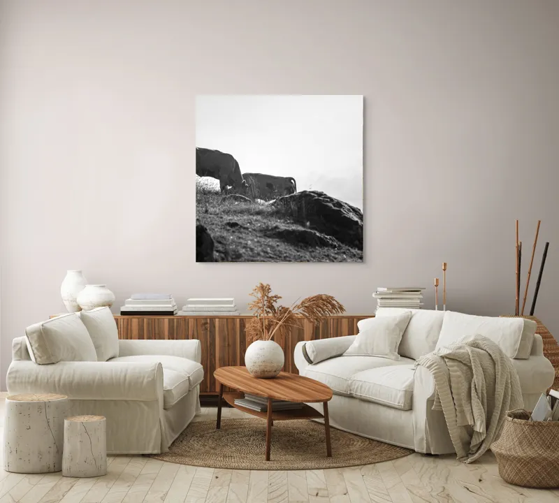 Tablou Canvas, "Vaci păscând pe coline însorite", Vaci, Peisaj, Pășune, Piatră, Cer, Natură, Siluetă, Iarbă., 100 x 100 cm – poza 3
