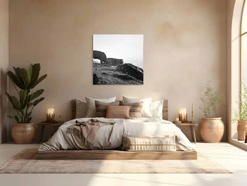 Tablou Canvas, "Vaci păscând pe coline însorite", Vaci, Peisaj, Pășune, Piatră, Cer, Natură, Siluetă, Iarbă., 100 x 100 cm – poza 4