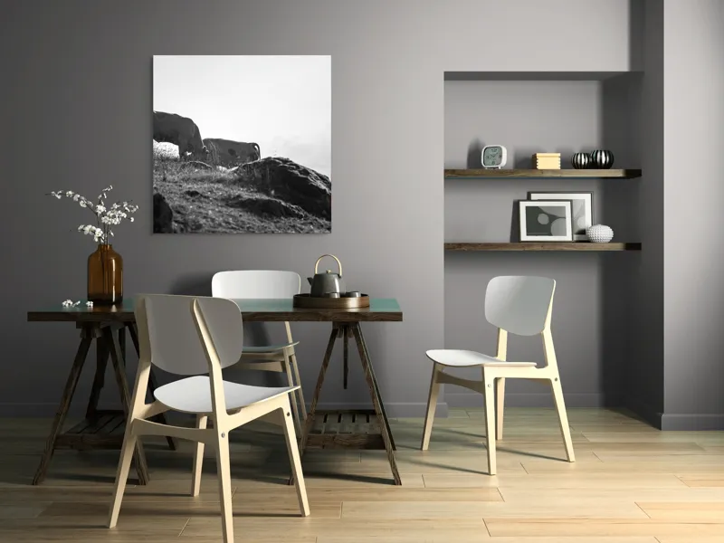 Tablou Canvas, "Vaci păscând pe coline însorite", Vaci, Peisaj, Pășune, Piatră, Cer, Natură, Siluetă, Iarbă., 100 x 100 cm – poza 6