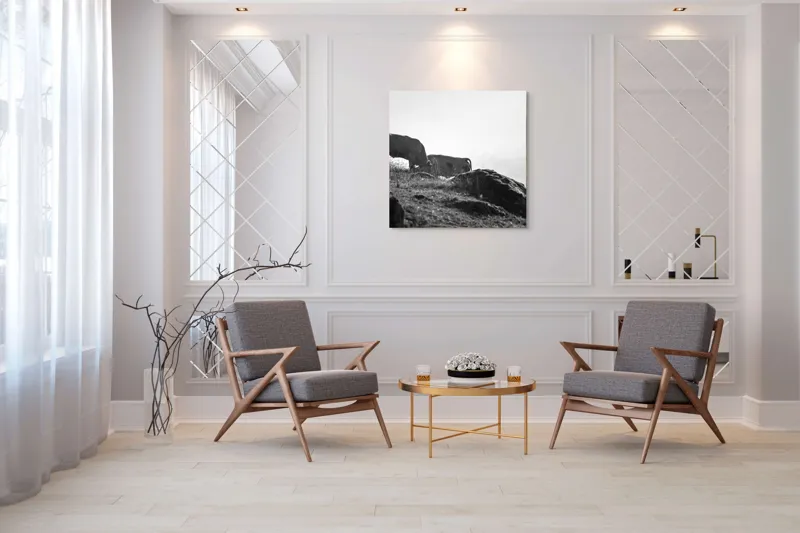 Tablou Canvas, "Vaci păscând pe coline însorite", Vaci, Peisaj, Pășune, Piatră, Cer, Natură, Siluetă, Iarbă., 100 x 100 cm – poza 7