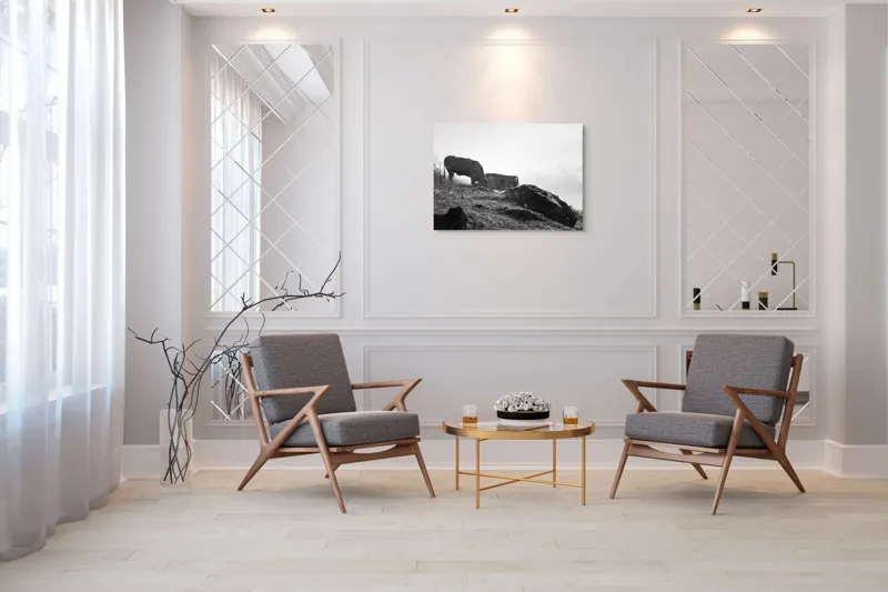 Tablou Canvas, "Vaci păscând pe coline însorite", Vaci, Peisaj, Pășune, Piatră, Cer, Natură, Siluetă, Iarbă., 100 x 70 cm – poza 5