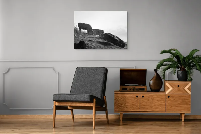 Tablou Canvas, "Vaci păscând pe coline însorite", Vaci, Peisaj, Pășune, Piatră, Cer, Natură, Siluetă, Iarbă., 100 x 70 cm – poza 8
