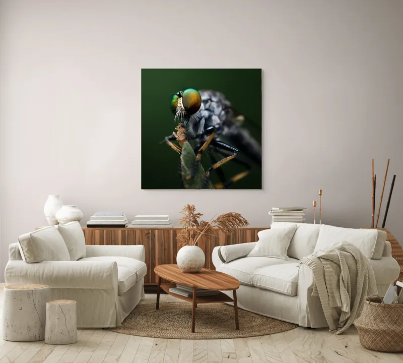 Tablou Canvas, "Dansul muștelor la amurg", Ochi, Verde, Muscă, Detalii, Natură, Macro, Insectă, Captivant., 100 x 100 cm – poza 3