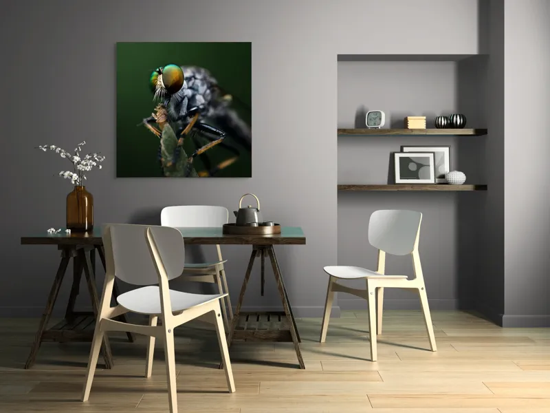 Tablou Canvas, "Dansul muștelor la amurg", Ochi, Verde, Muscă, Detalii, Natură, Macro, Insectă, Captivant., 100 x 100 cm – poza 6