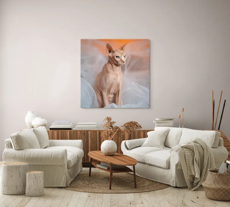 Tablou Canvas, "Prințul regal fără blană în voaluri", Pisică, Fără Blană, Ochi Albaştri, Urechi Ascuţite, Fundal Portocaliu, Textură Delicată, Poziţie Dignă, Privire Intensă, 100 x 100 cm – poza 3