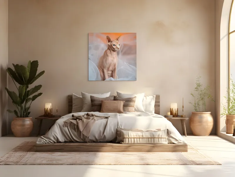 Tablou Canvas, "Prințul regal fără blană în voaluri", Pisică, Fără Blană, Ochi Albaştri, Urechi Ascuţite, Fundal Portocaliu, Textură Delicată, Poziţie Dignă, Privire Intensă, 100 x 100 cm – poza 4